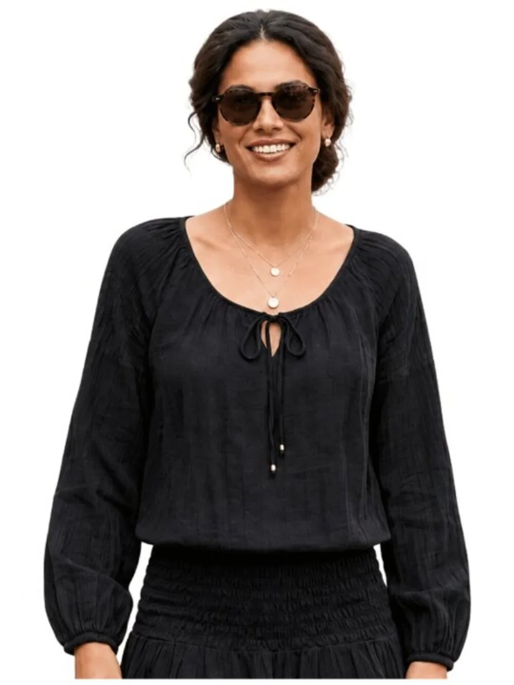Free People Moonlight Drive Smocked Mini Dress Gauze Boho Long Sleeves Black XS